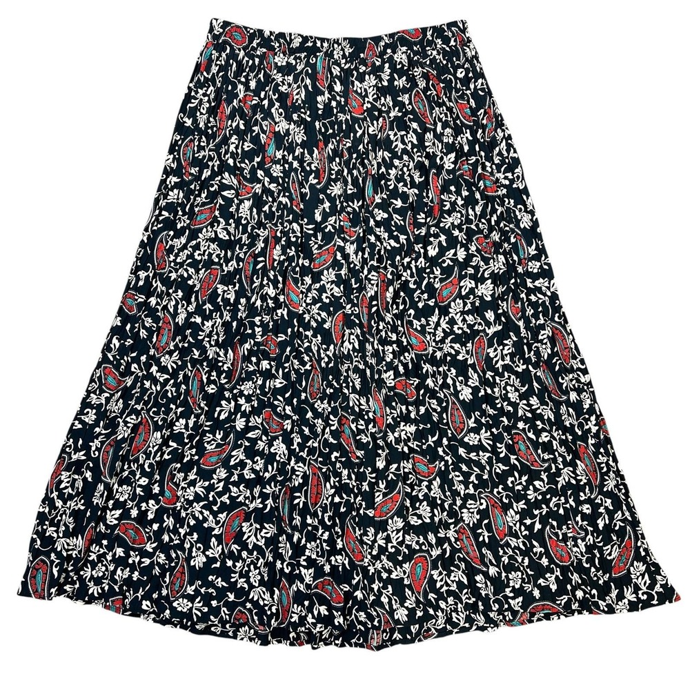 Vintage Paisley Broomstick Midi Skirt Large Black Red Floral Pleated Trad Modest